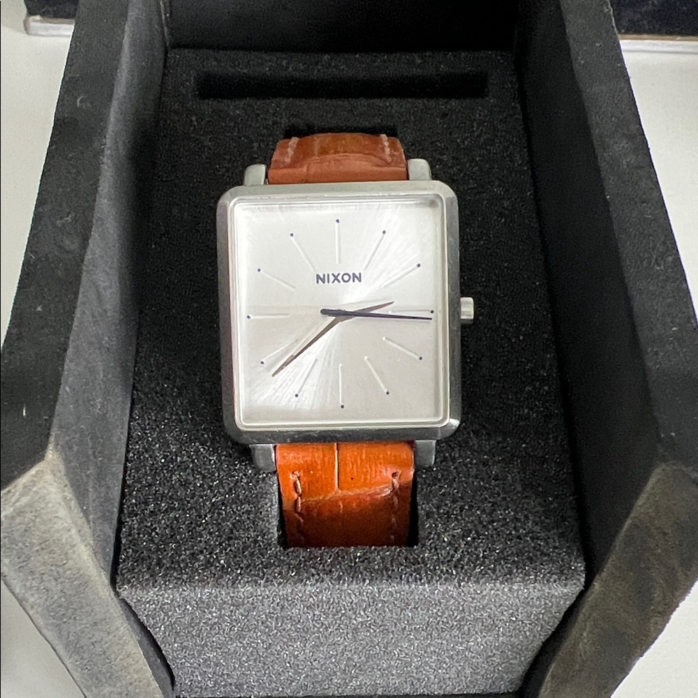 Nixon K Squared Watch with Silver Dial and Brown Leather Strap
